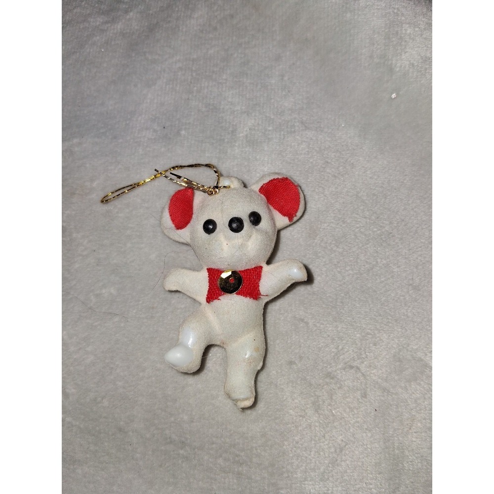 Vintage Flocked White Mouse Christmas Ornament 2.75" Red Bow Novelty